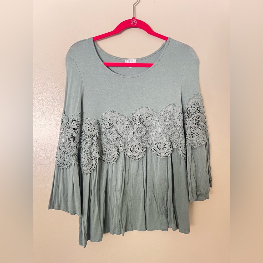 Spense Lace Accent Blouse - Soft Green